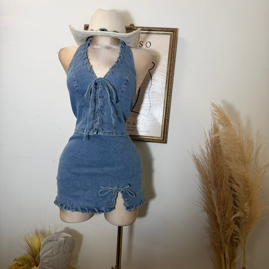 Lace Denim Skirt-Denim