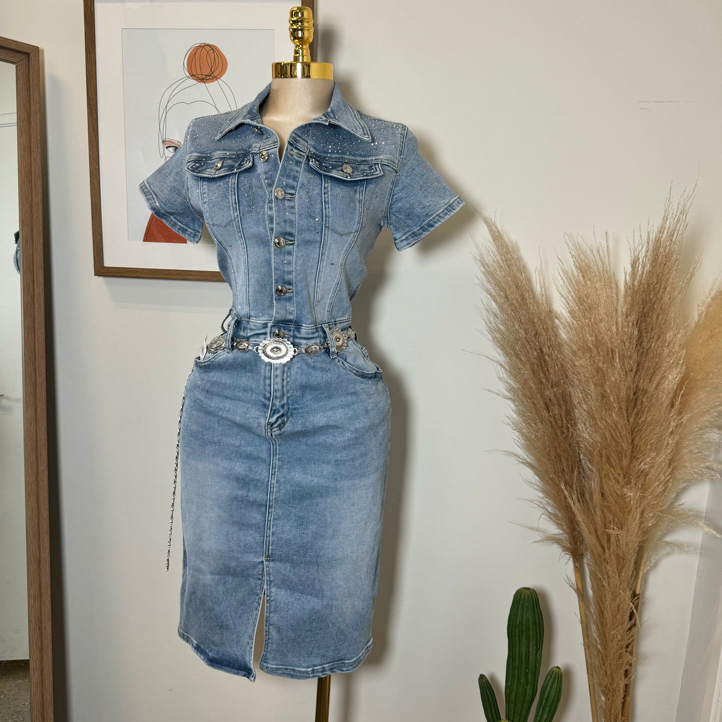 Rhinestone Denim Dress-Blue