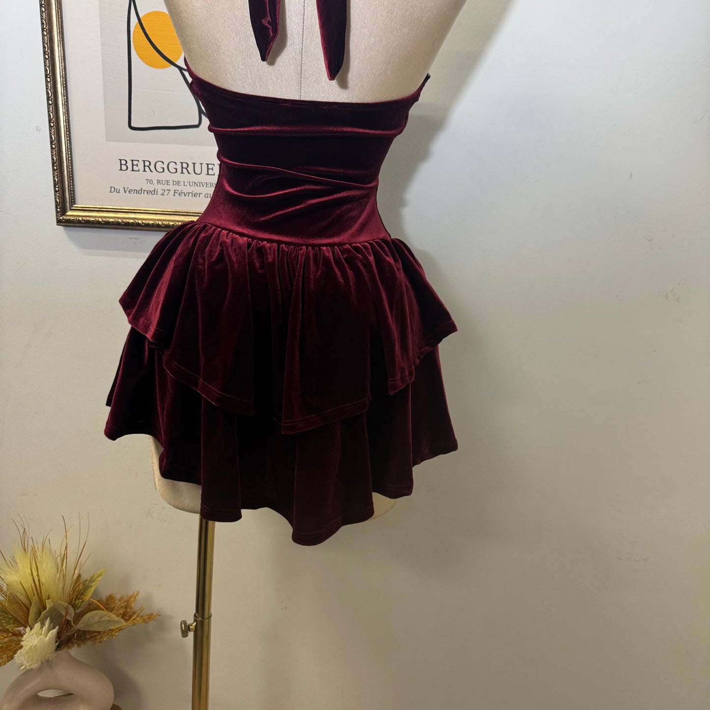 Velvet Halter Double Layer Fit and Flare Dress-Burgundy