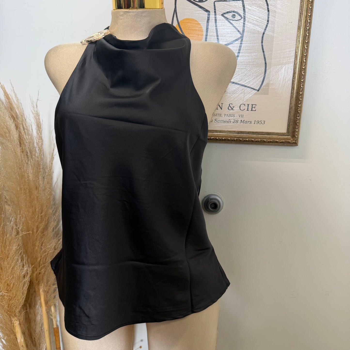 Halter Neck Satin Blouse-Black