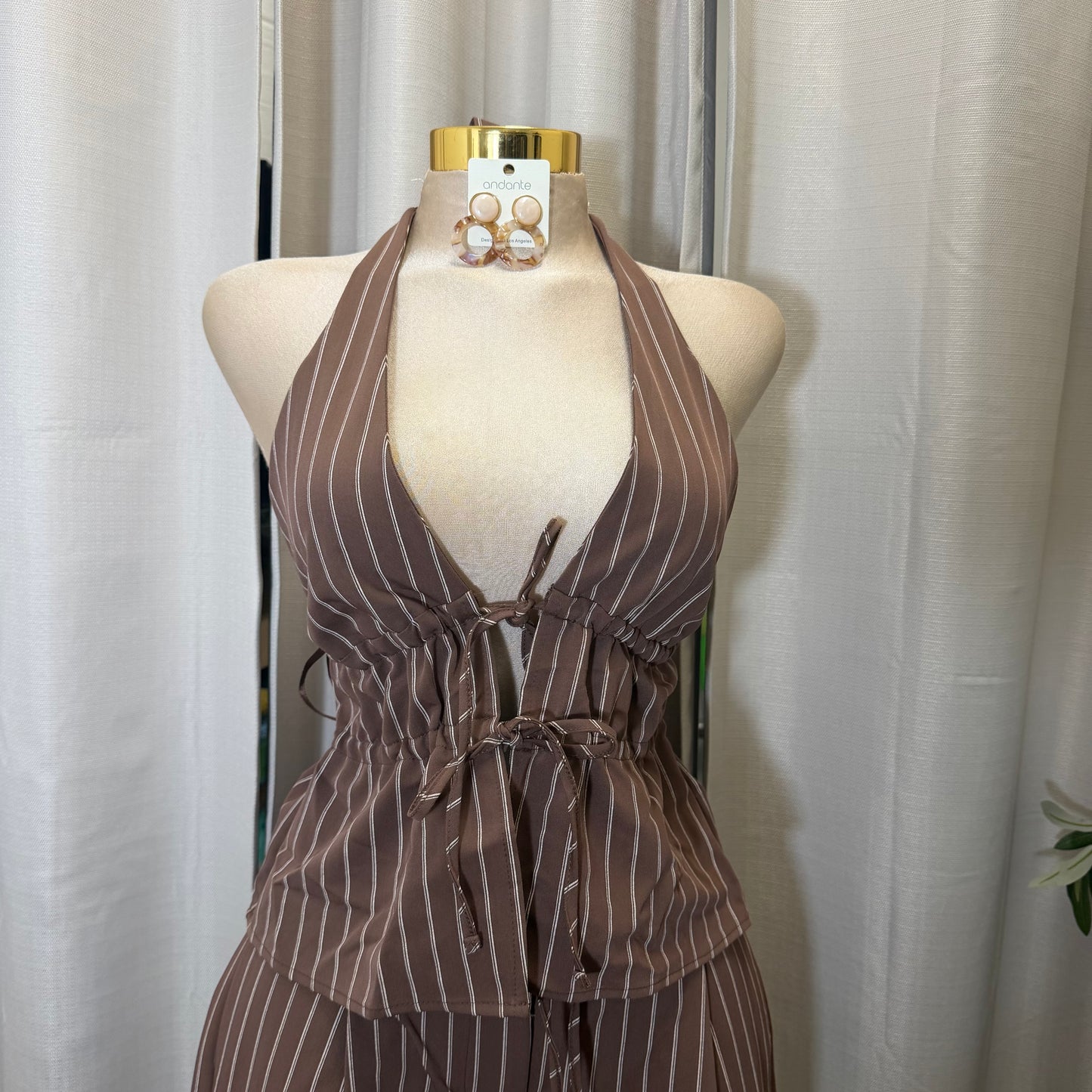 Stripe spaghetti Tie open back Halter Top and pant set