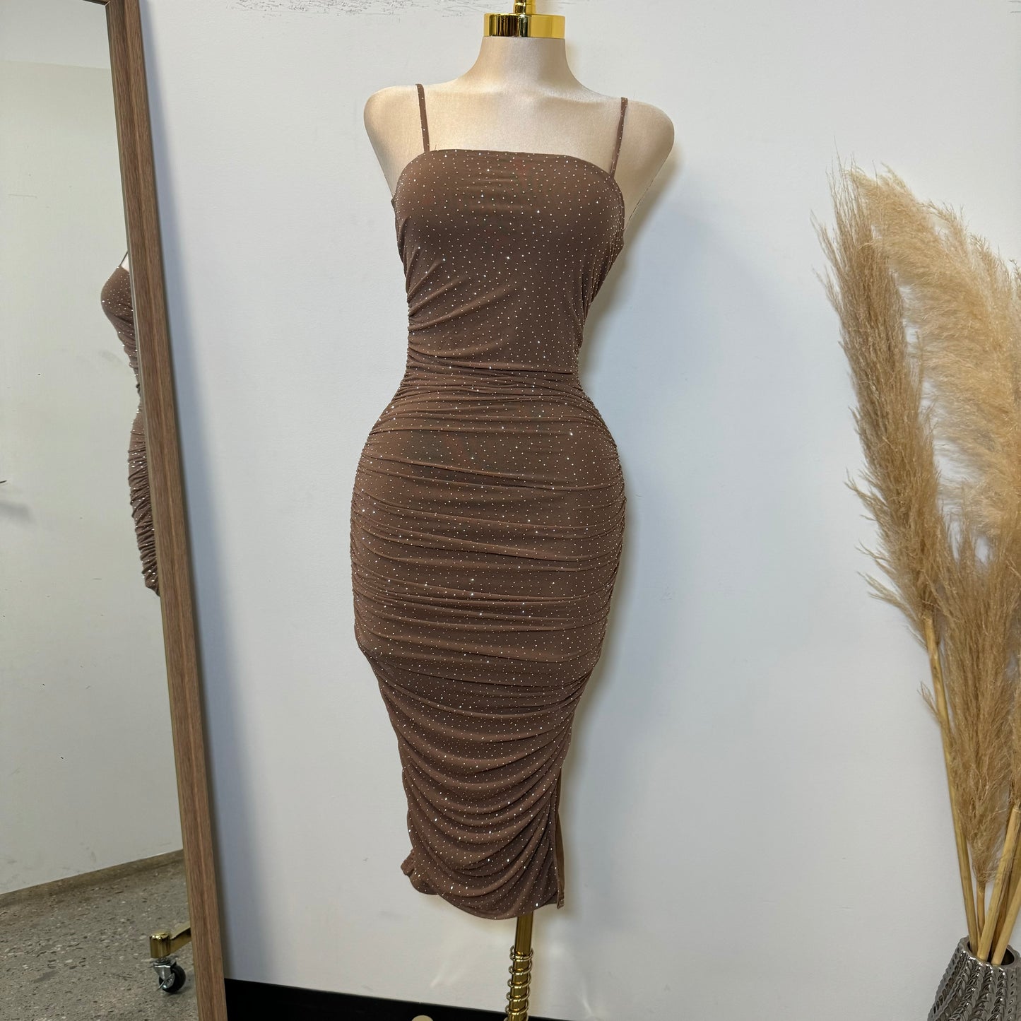 Sol Rhinestone Midi Dress-Brown