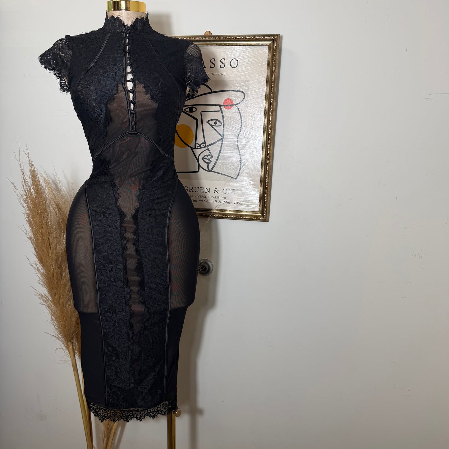 Lace Midi Dress-Black