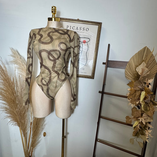 Round Neck Long Sleeve Open back Bodysuit-Olive Brown