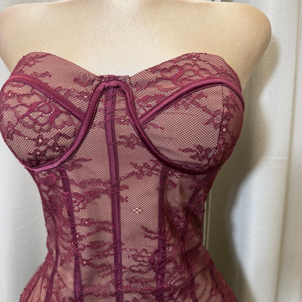 Lace with Strapping Detail Dress-Dark Cherry