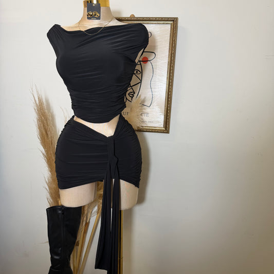 Short Sleeve & Mini Skirt w/ Drape Tie Ruched Set-Black