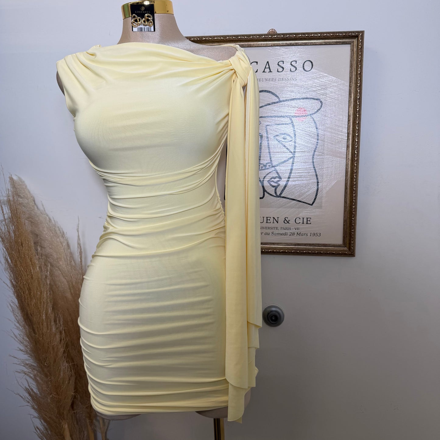 Off Shoulder Ruched Side Tie Mini Dress-LT Yellow