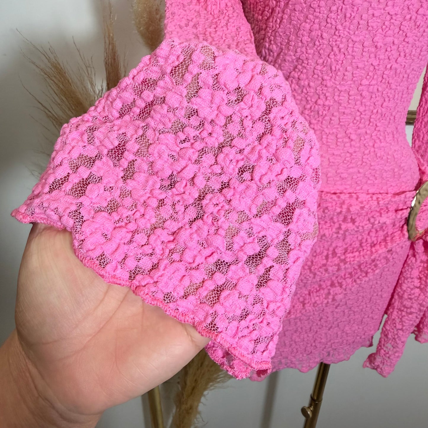 Long Sleeve Gold Detail Dress-Pink