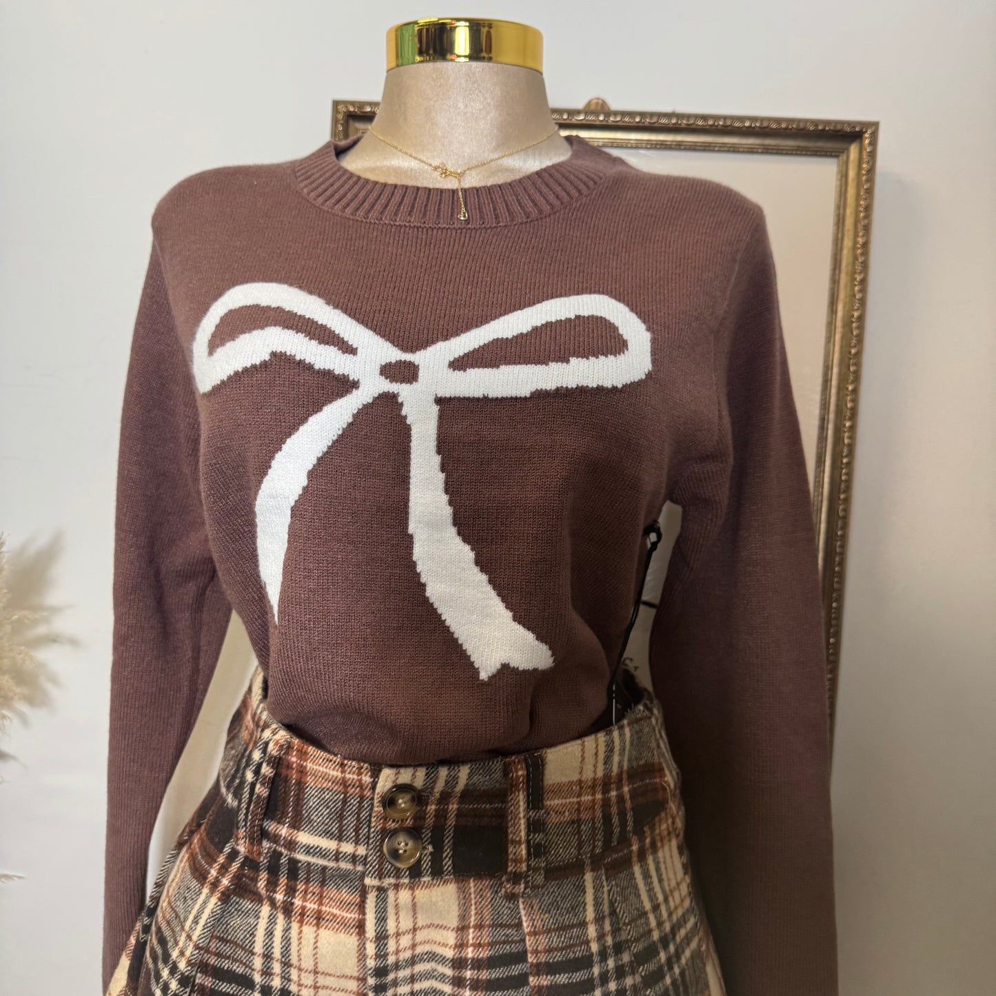 Ribbon Crew Neck Sweater Top-Chocolate
