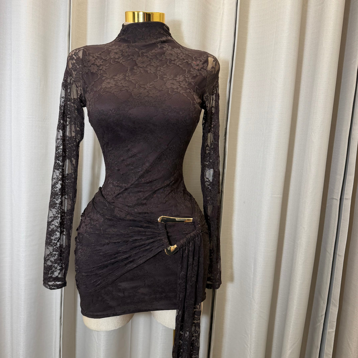 Long Sleeve lace front  Sash With Trim Detail Mini Dress-Brown