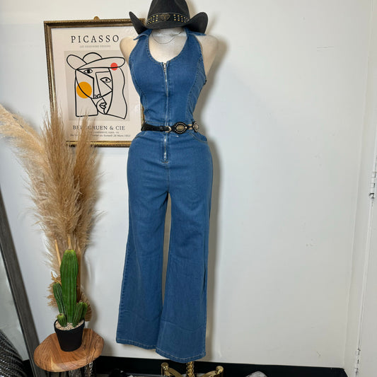 Halter Denim Jumpsuit-Blue