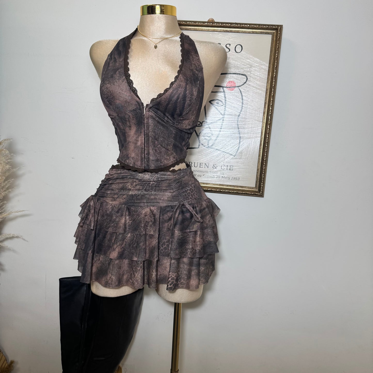 Printed Halter Top and Skirt Set-Chocolate