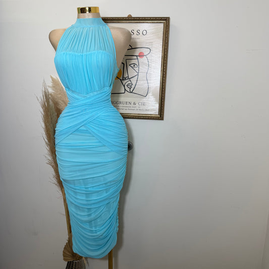 Mesh Sleeveless Dress-Baby Blue
