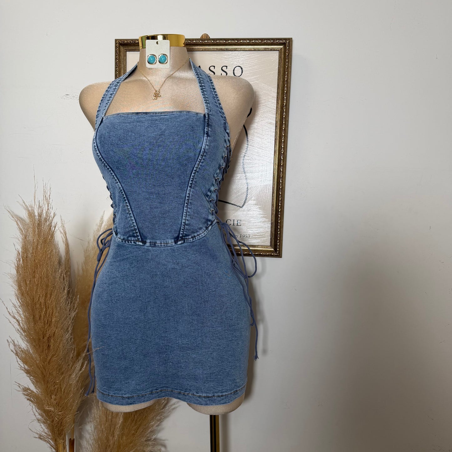 HALTER NECK SIDE LACE-UP DENIM MINI DRESS