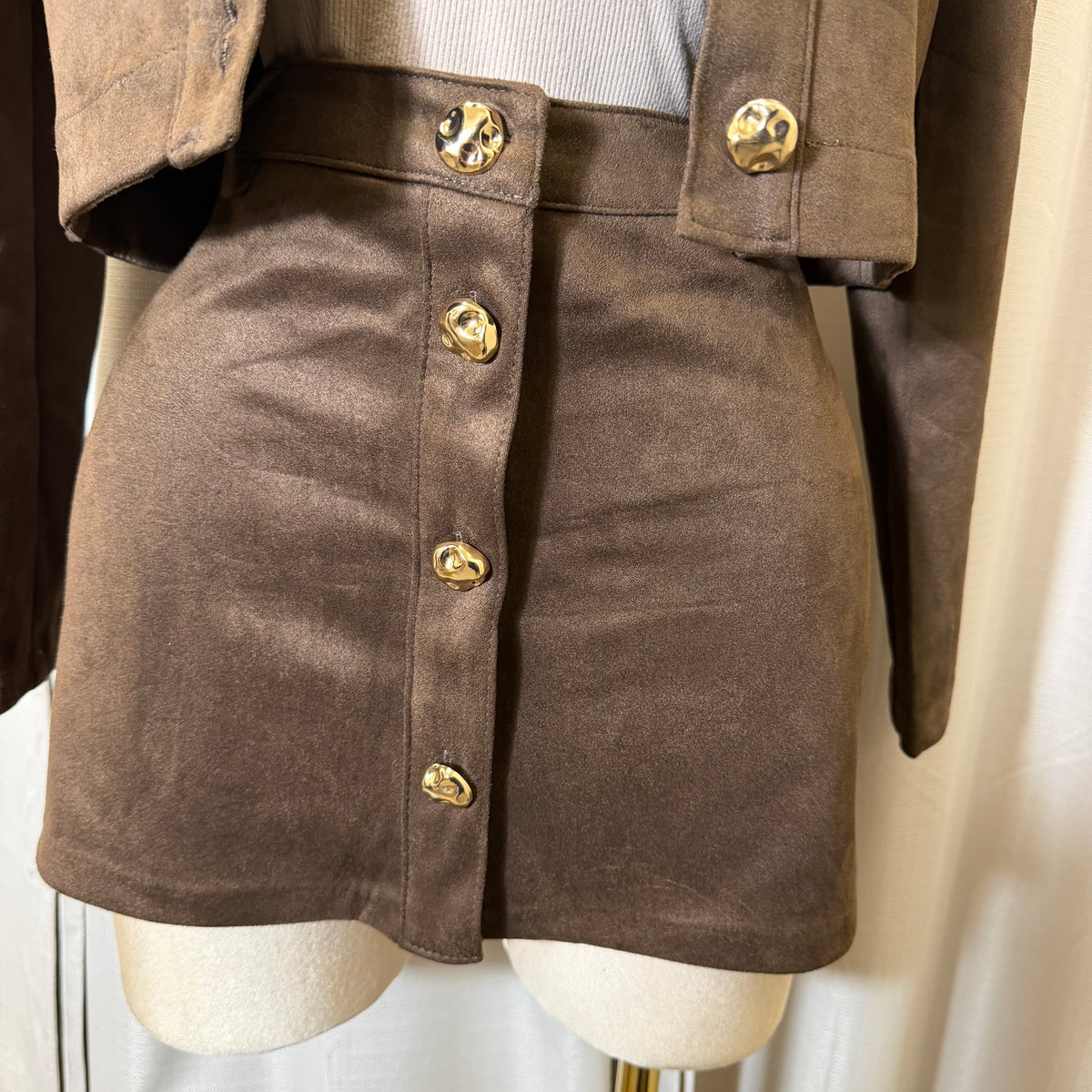 Suede skirt cropped Jacket set-Choco brown