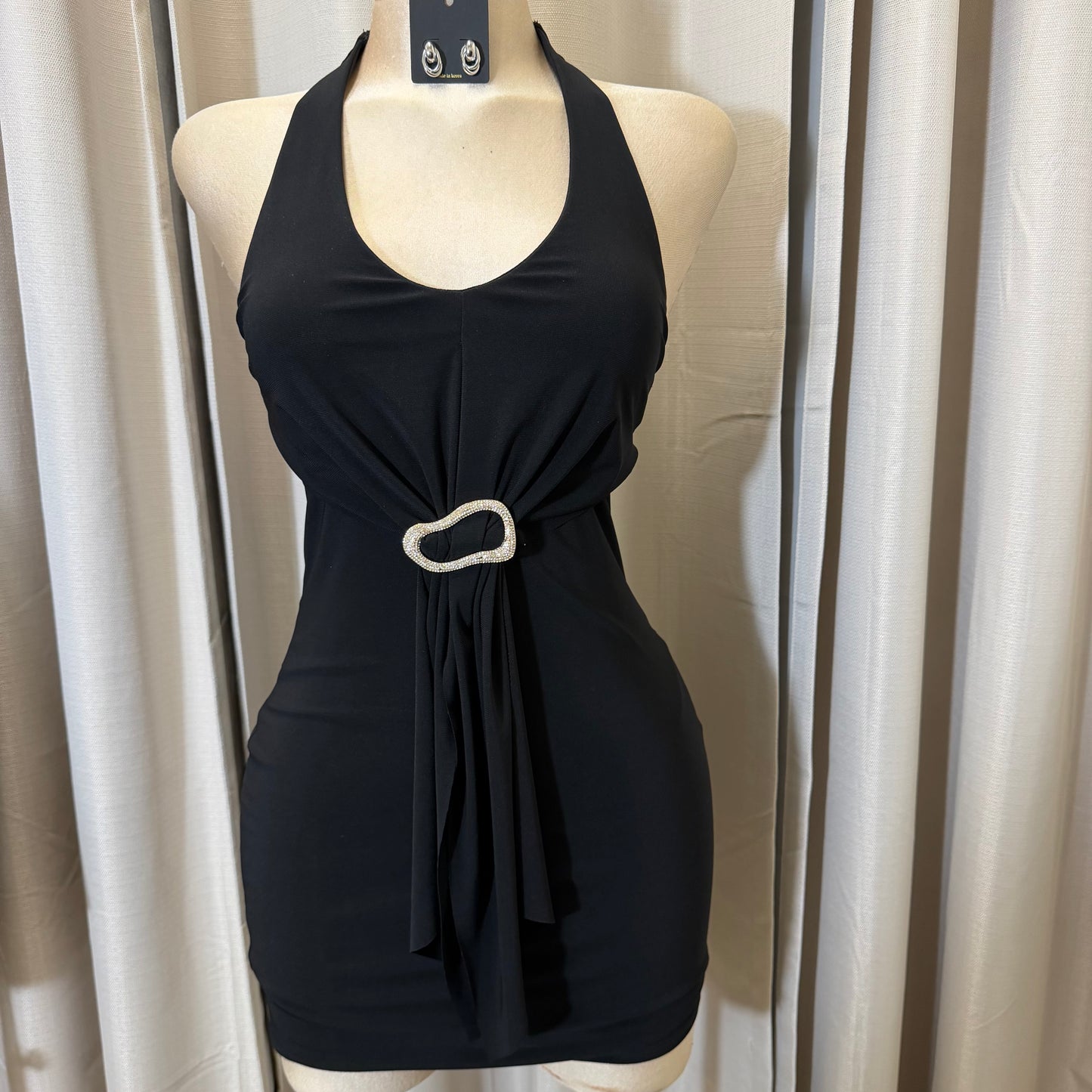 Halter Buckle Drape Mini Dress-Black