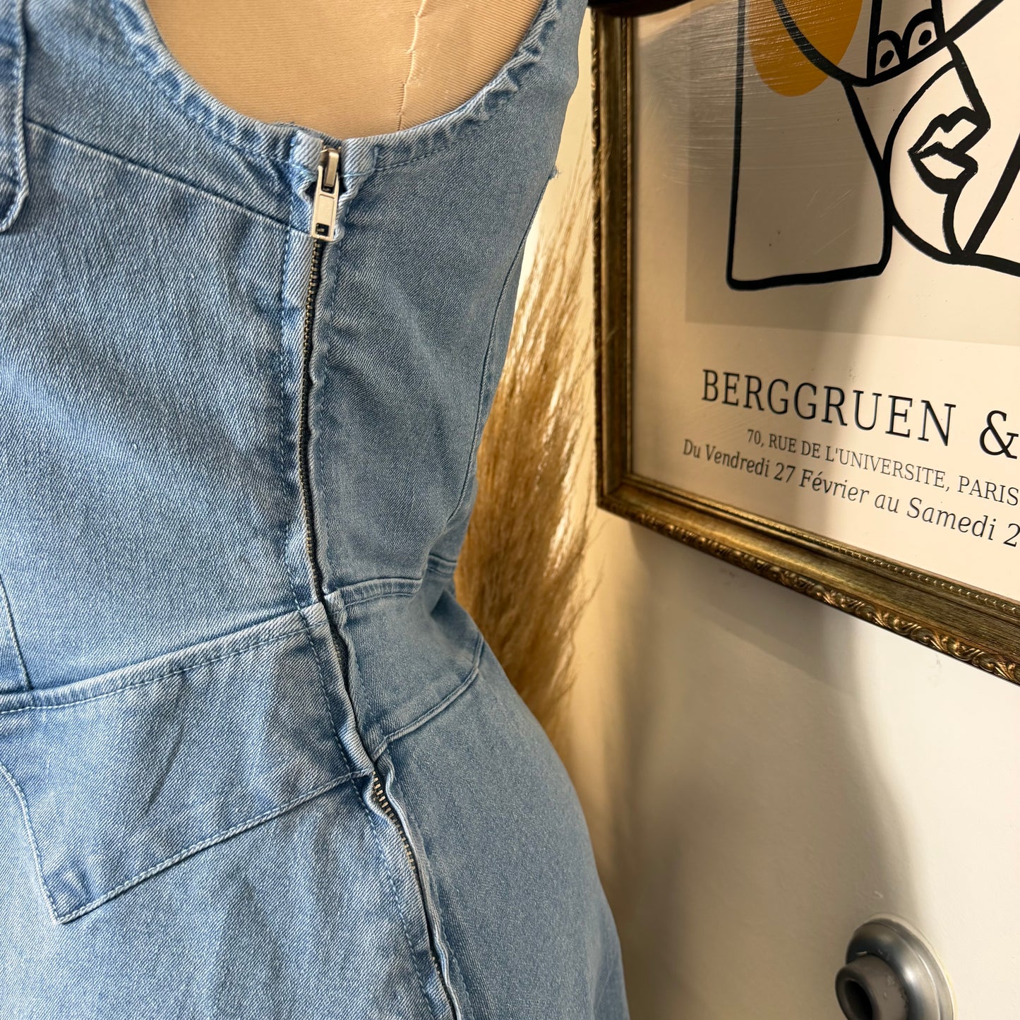 Round Neck Midi Denim Dress-LT Blue