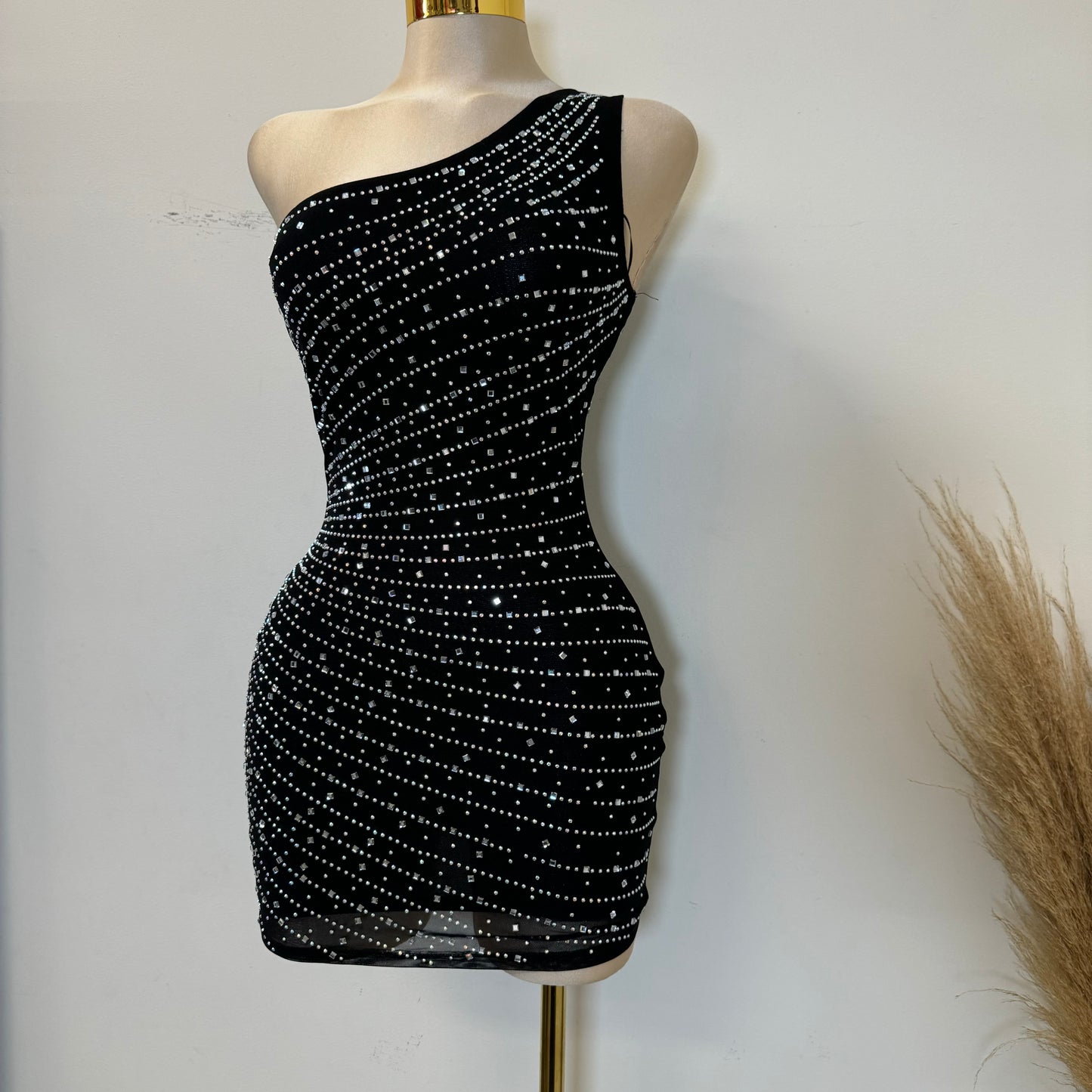 One Shoulder Rhinestone Dress-Black