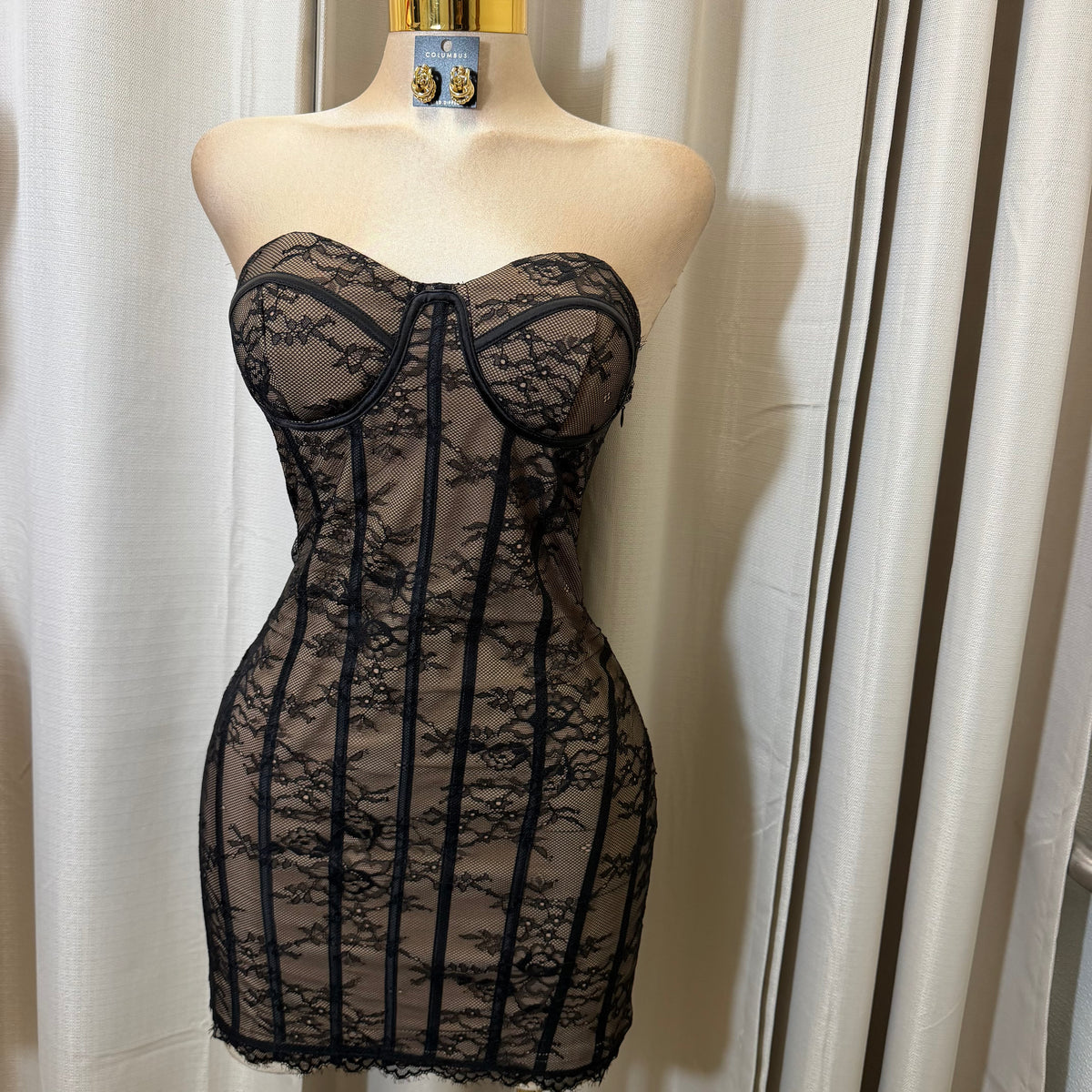 Lace with Strapping Detail Dress-Black
