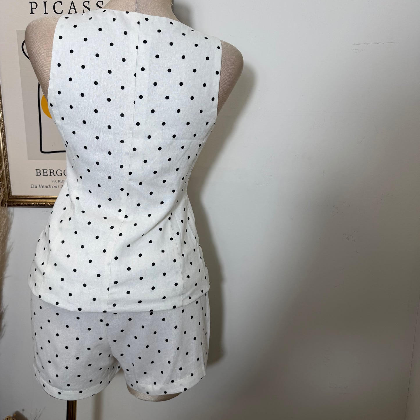 Polka Dot Linen Top w/ Gold Buttons shorts set-White