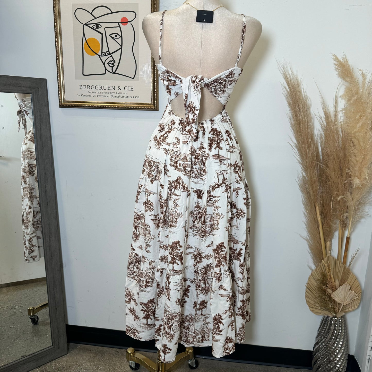 Summer Dress Open Back-White/Brown
