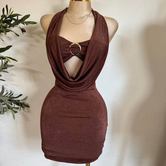 Cowl Halter Dress -Brown