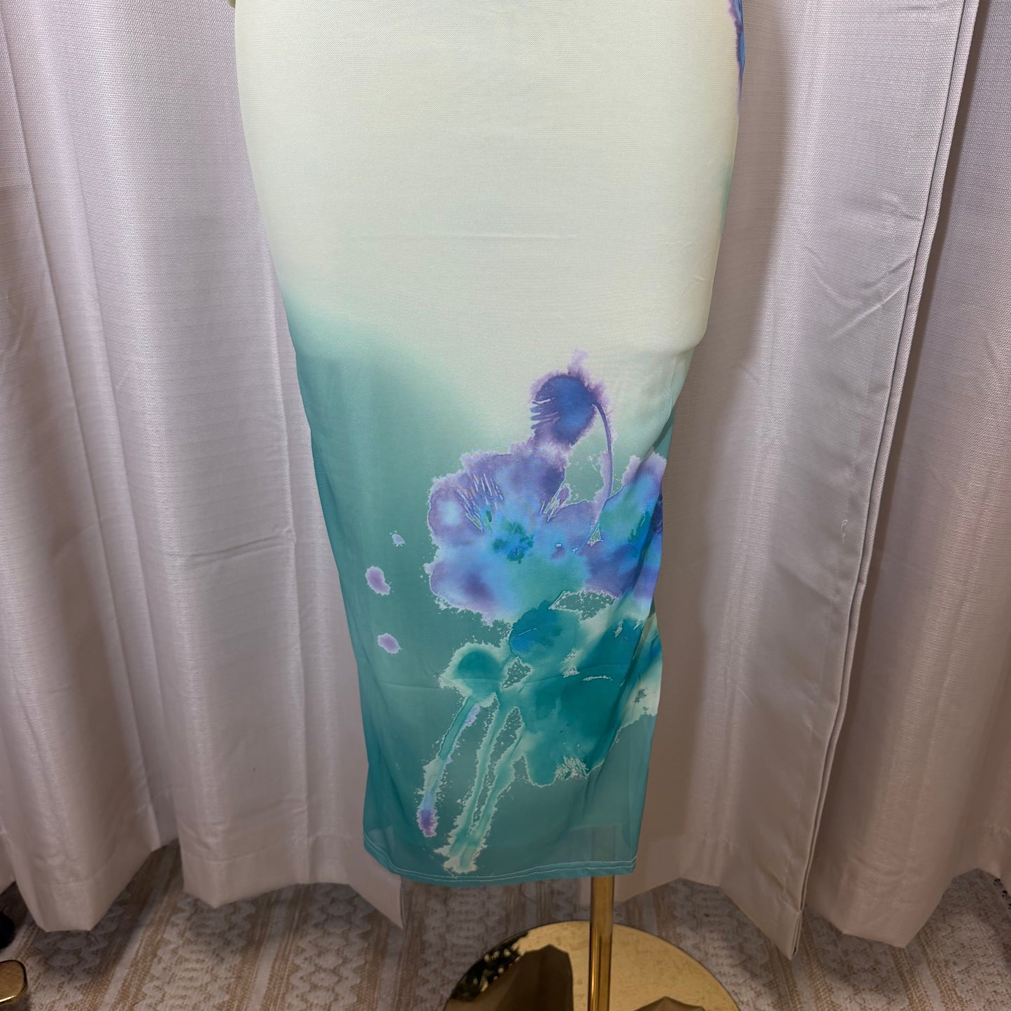 Flower Print Mesh Midi Dress-Yellow/Turquoise combo