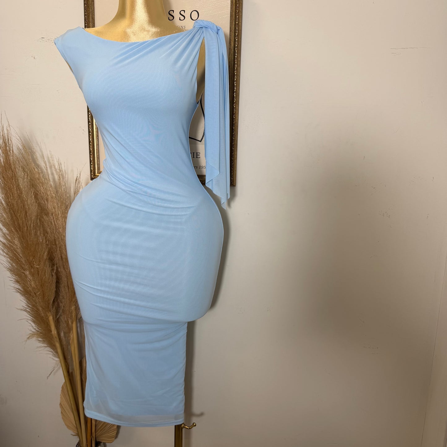 One shoulder Tie Midi Dress-Light  Blue