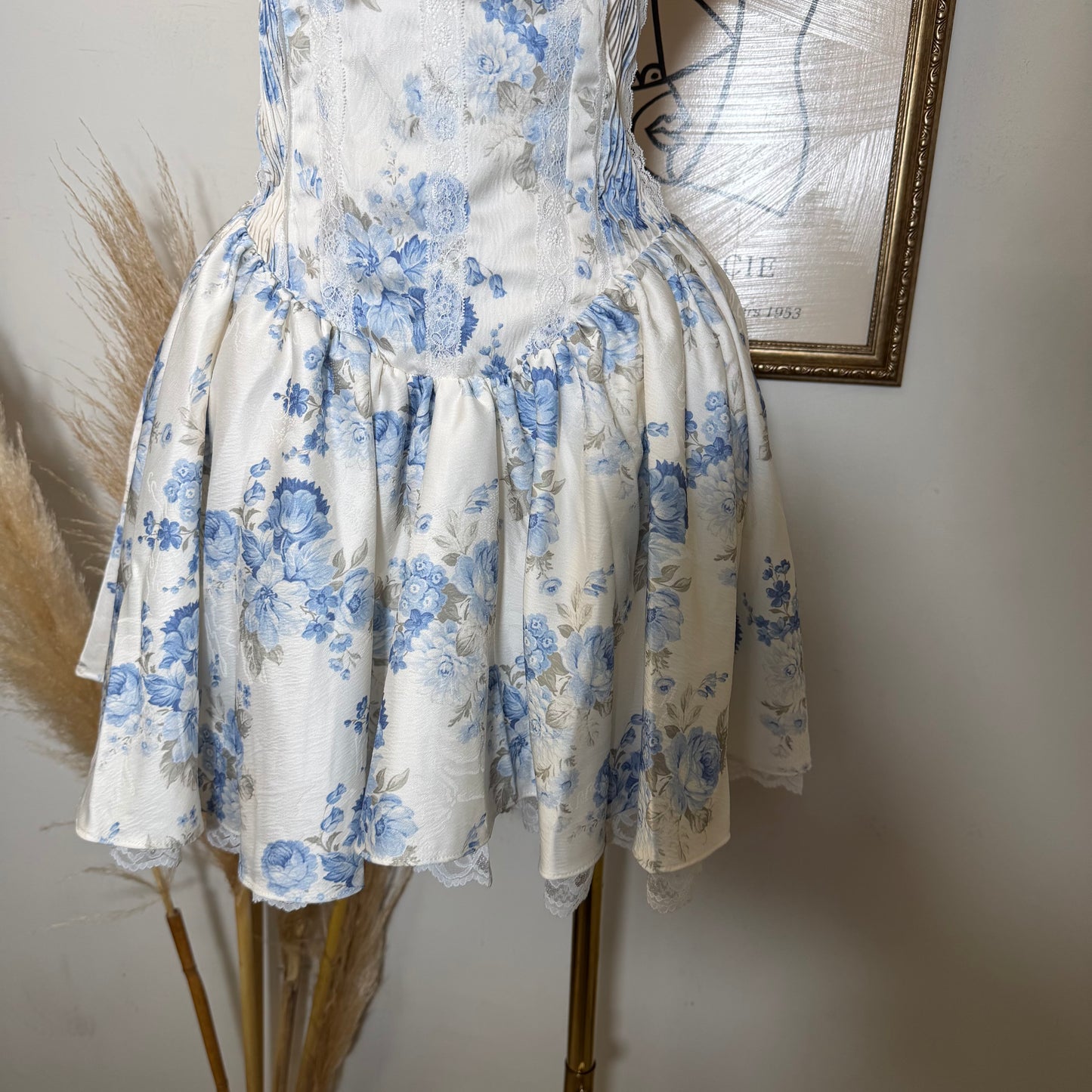 Corset Back Jacquard Mini Dress-Peach/Blue