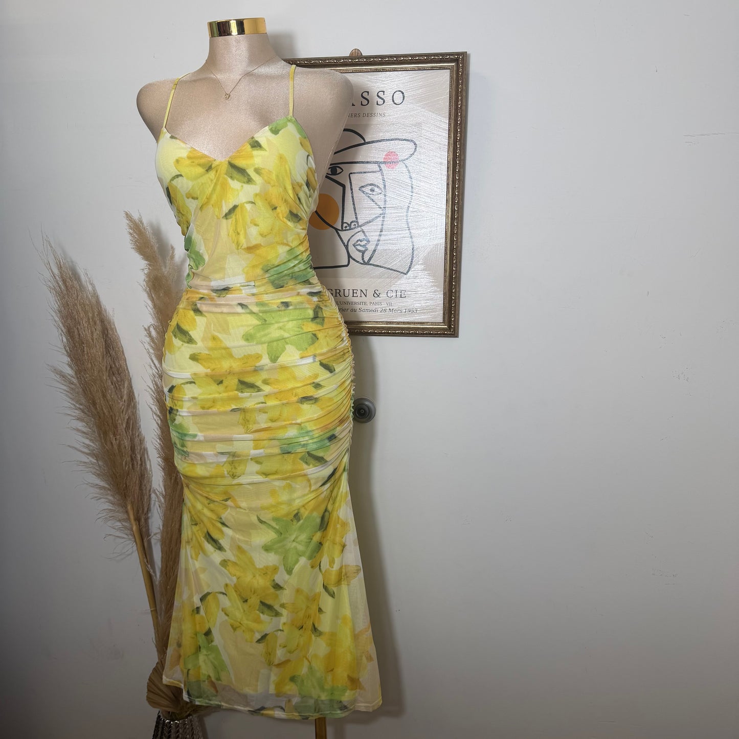 Mesh Print Midi Dress-Lemon