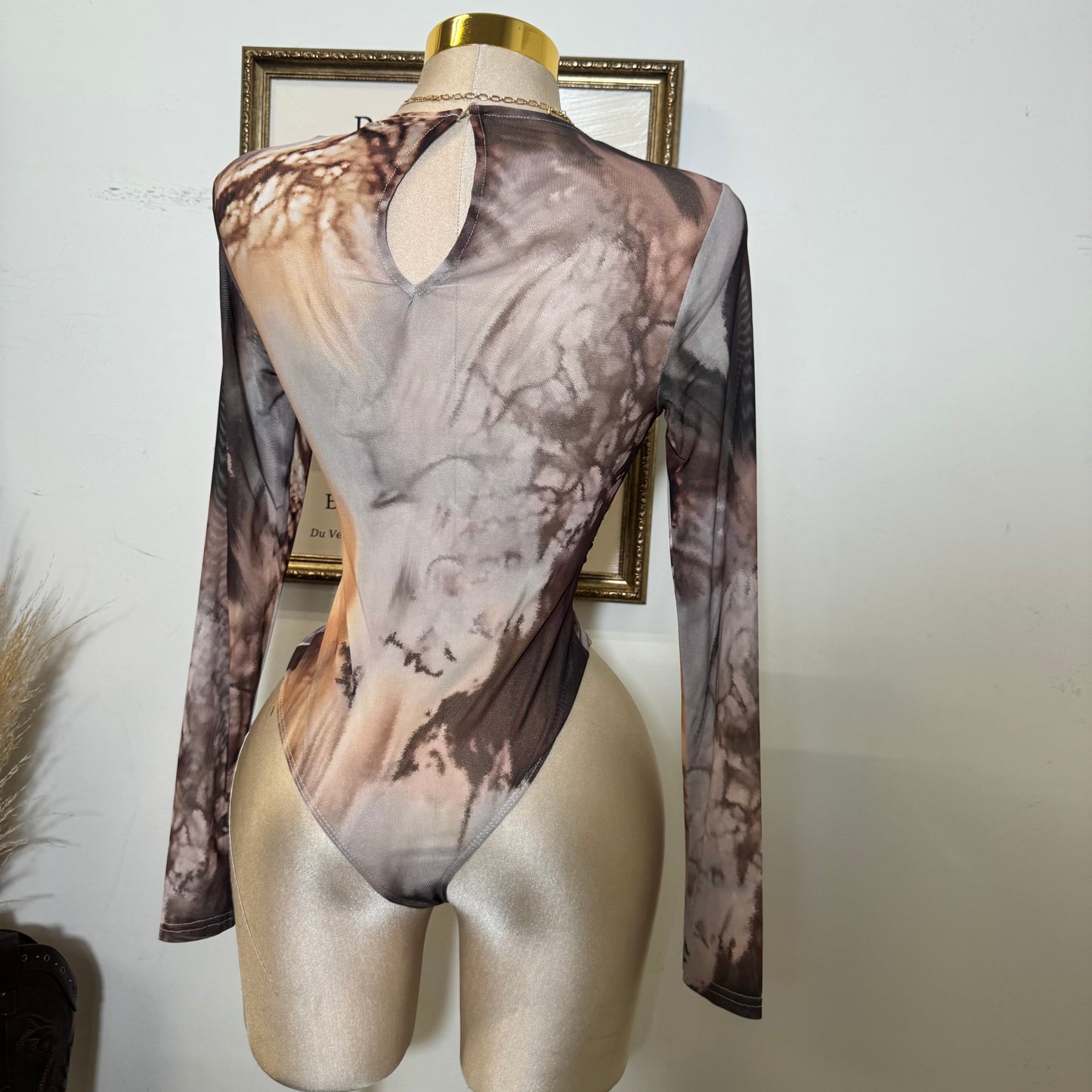 Round Neck Long sleeve Sleeve Bodysuit-Brown Multi