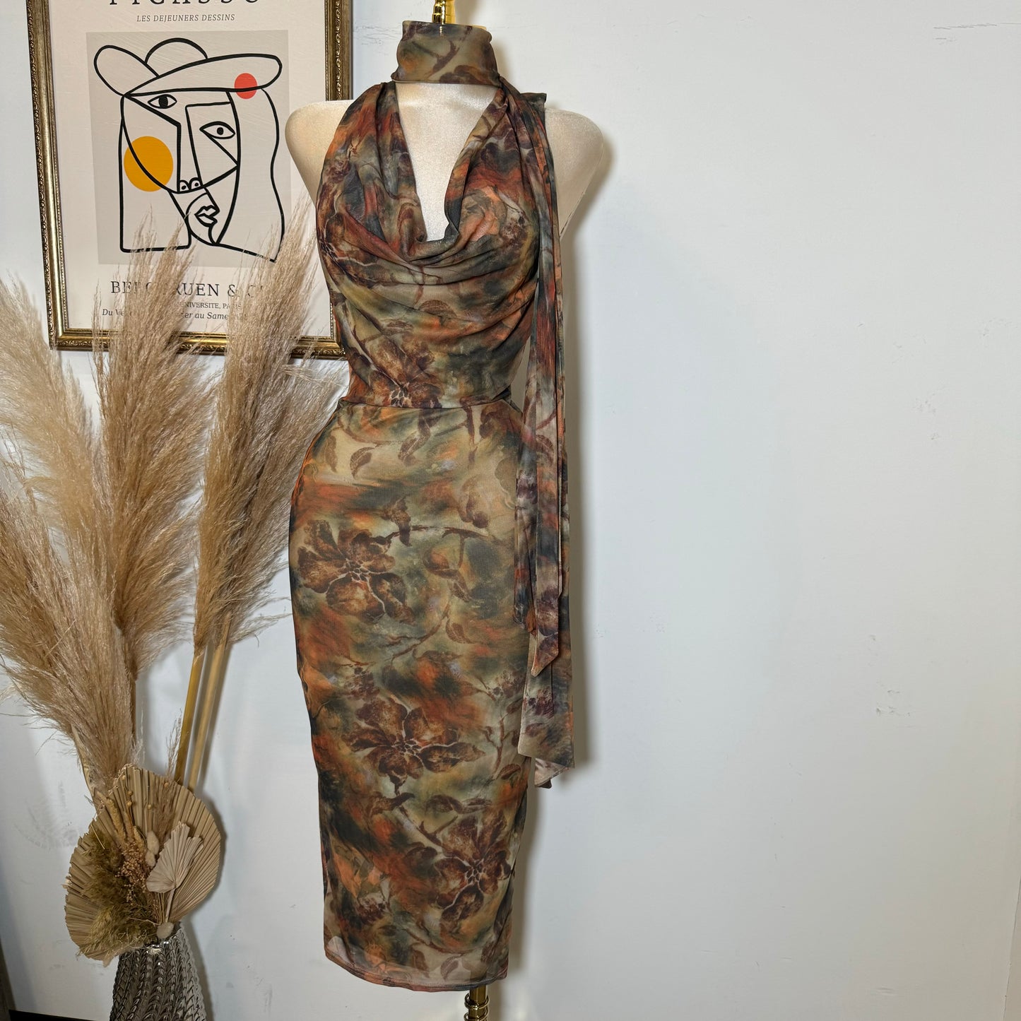 Mesh print Jersey Halter cowl Neck Midi Dress-Brown