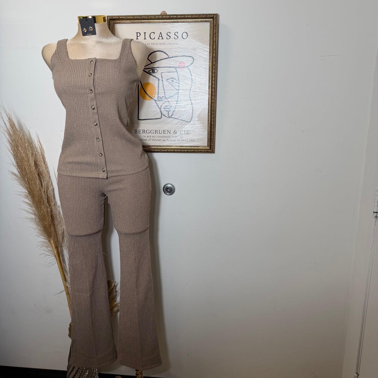 Square neck Vest & Flare Pant set-Khaki