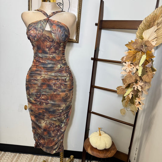 Inara Mesh Twist Halter Neck Midi Dress-Rust Multi