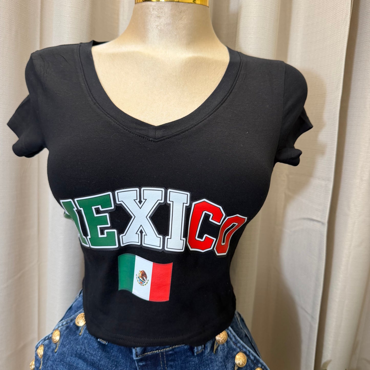V neck Mexico Crop Top-Black