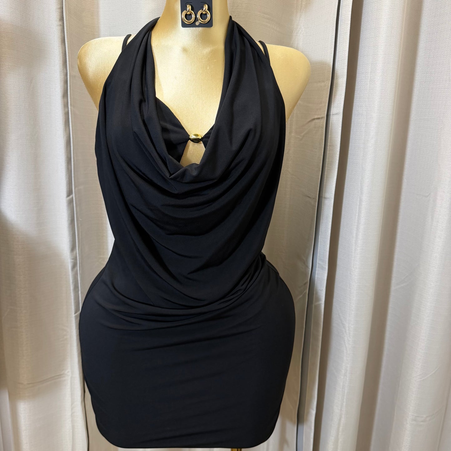 PL-Halter Cowl Neck Dress-Black