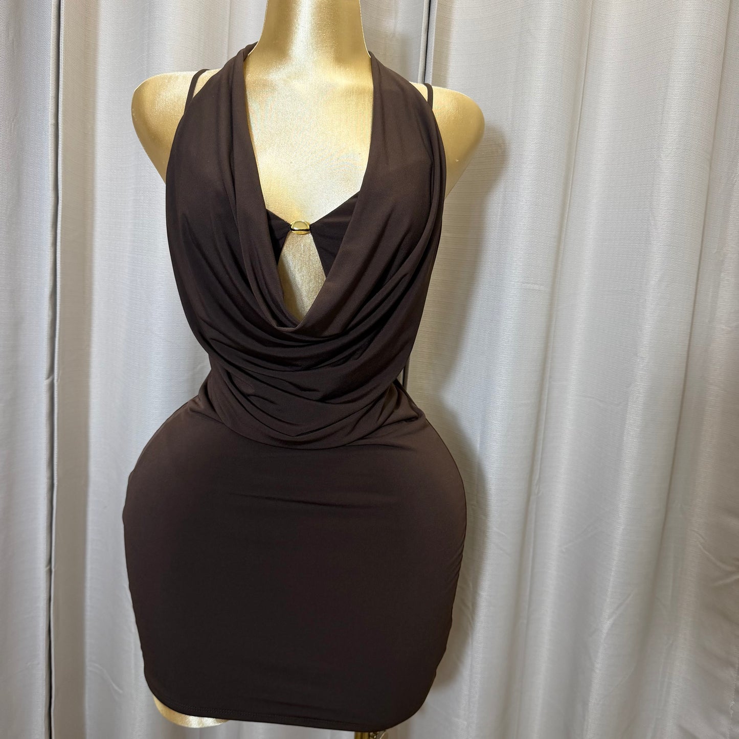 PL-Halter Cowl Neck Dress-Brown