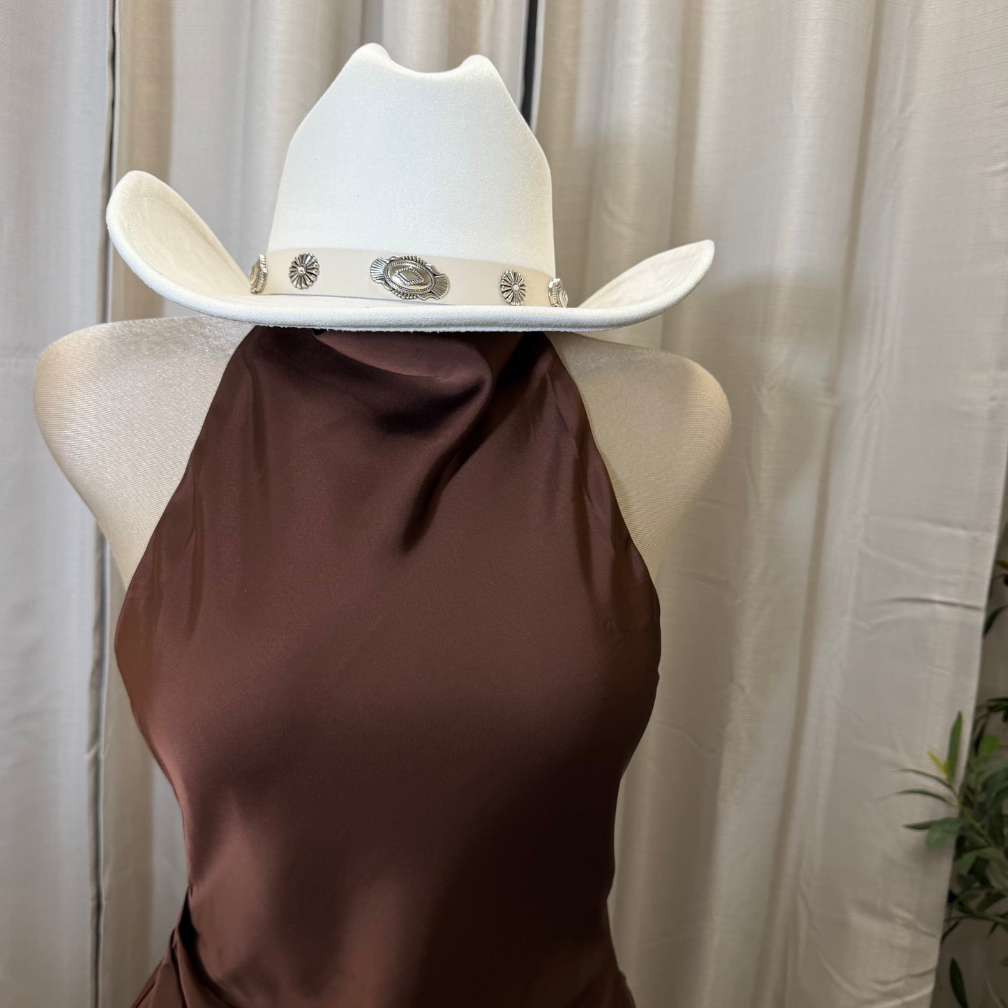 Satin Cowl Halter Neck Dress-Brown