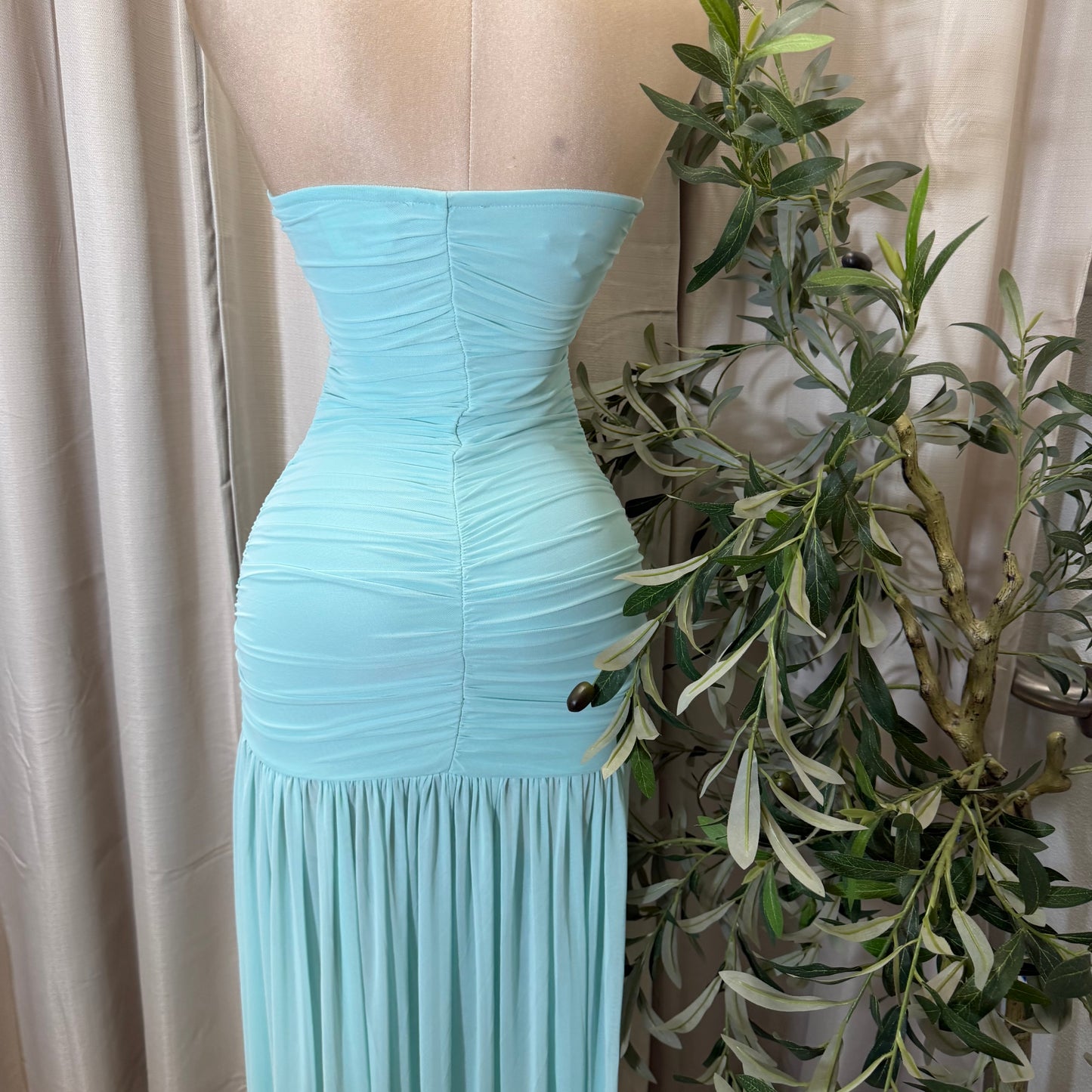 Tube Mesh Maxi Dress With front keyhole and tie Detail-Aqua
