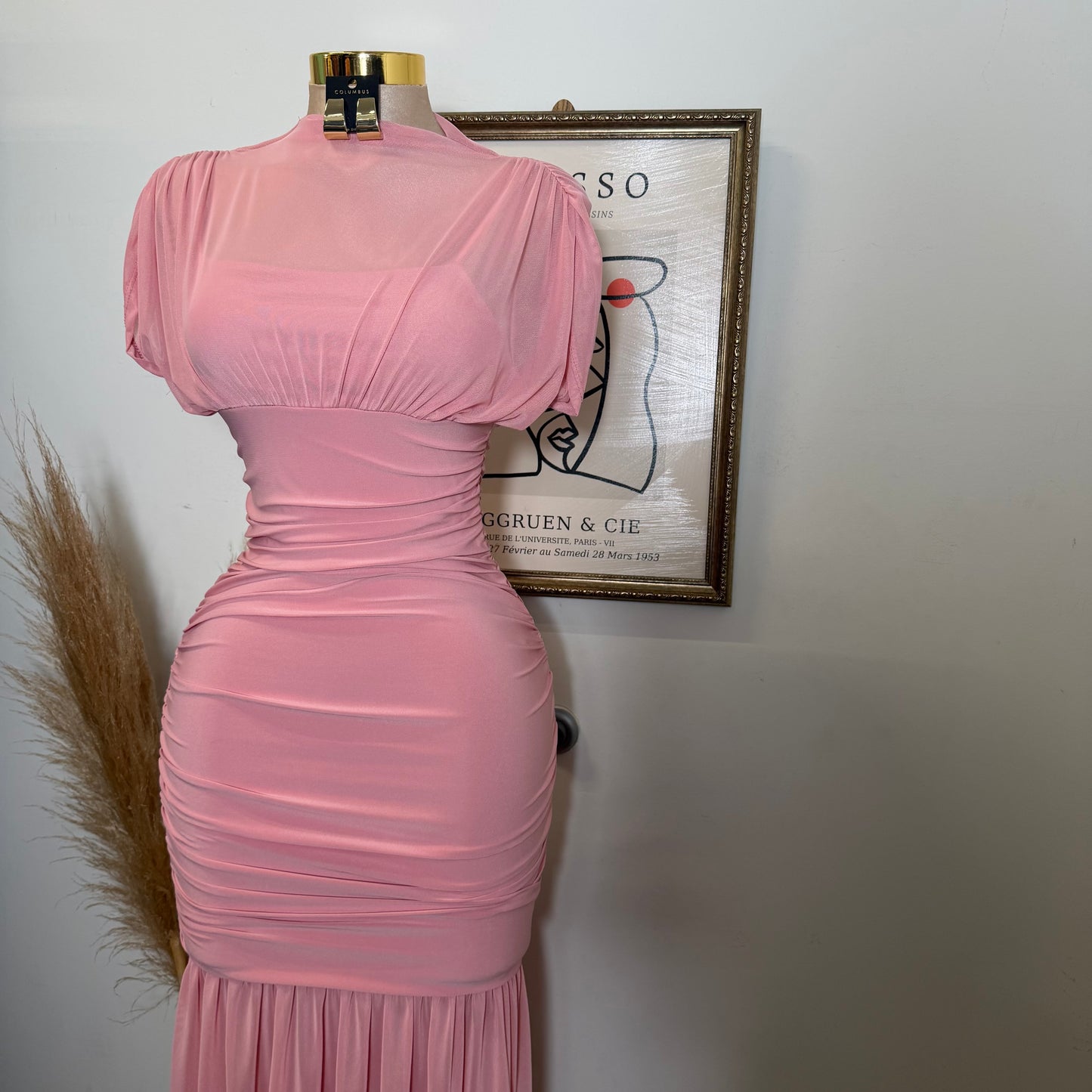 Mesh & Knit Mix Long Dress-Pink