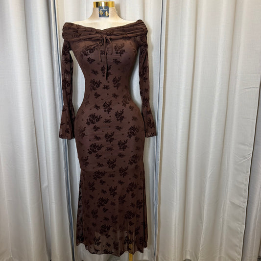 Flocked Long Sleeve Mesh off shoulder maxi Dress-Brown