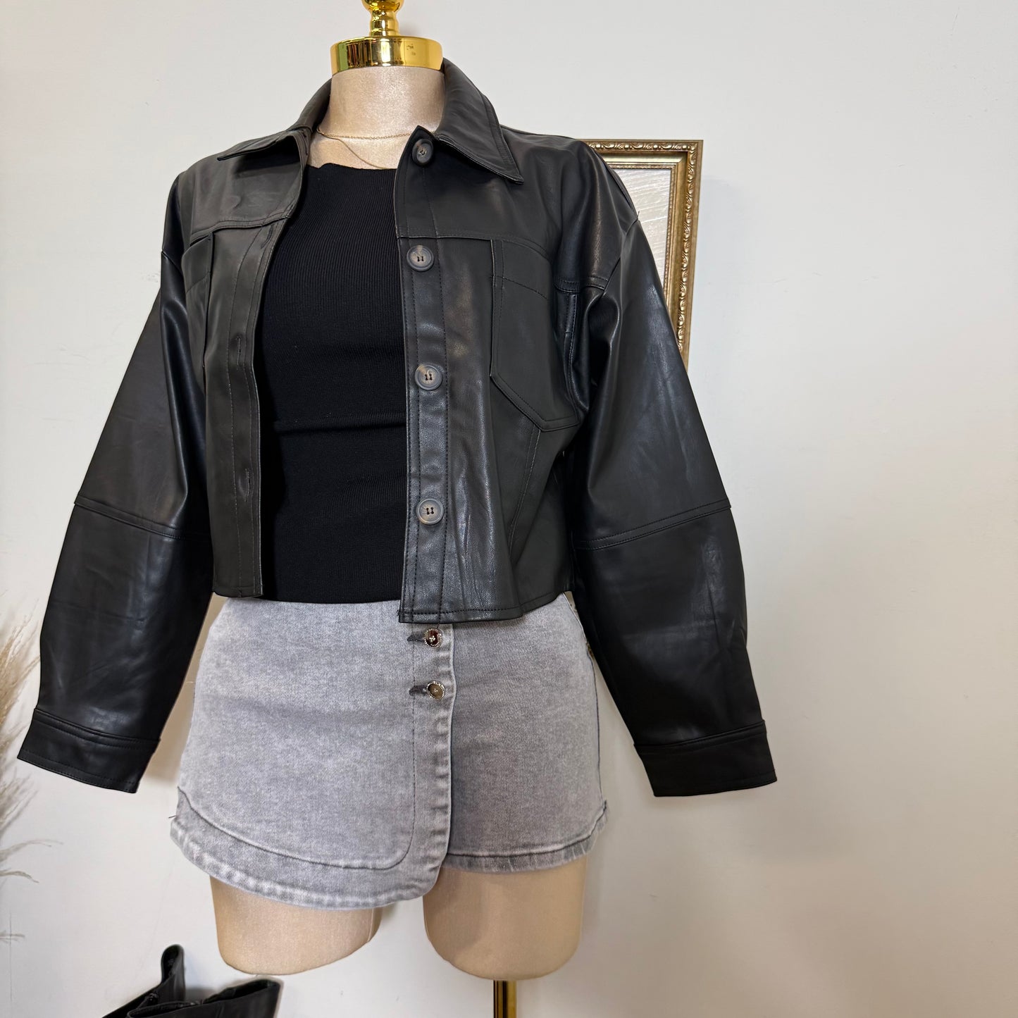 Pu Faux Leather Cropped Jacket-Black