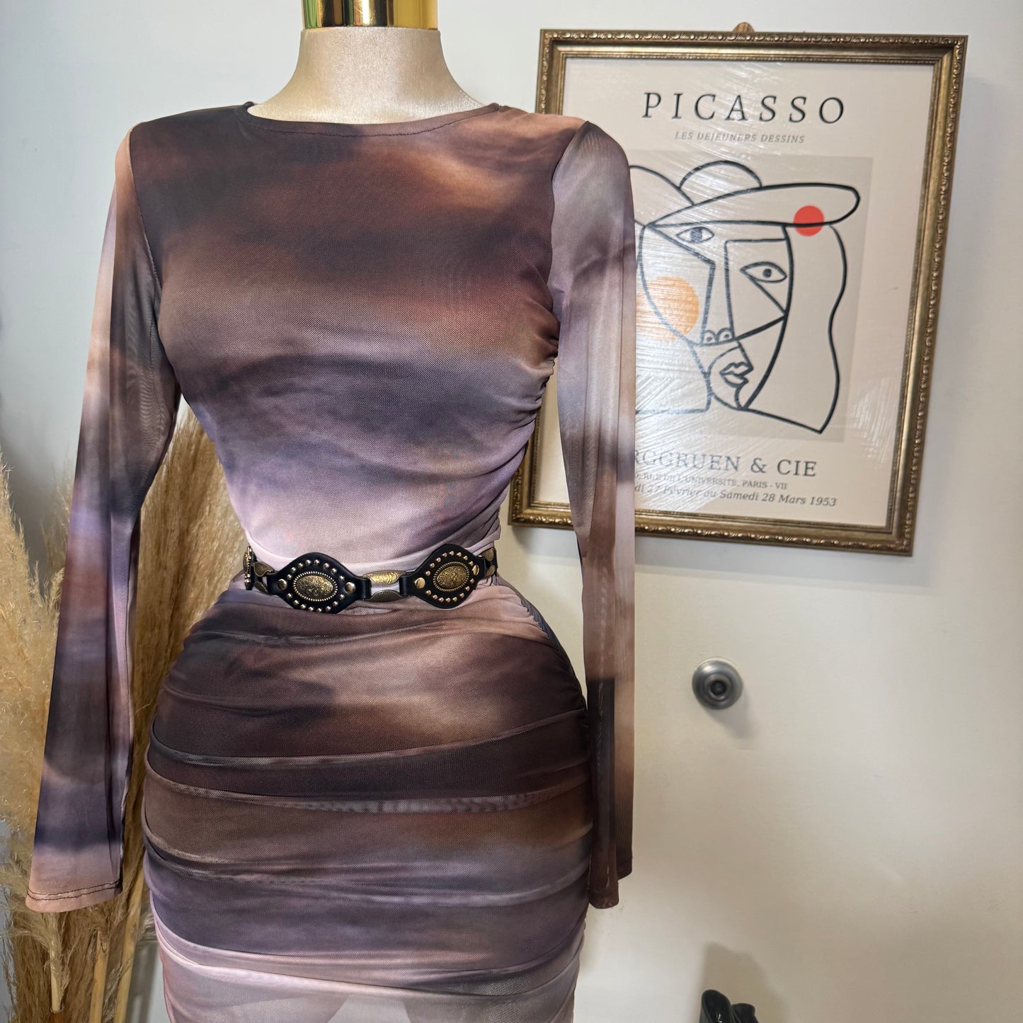 Multi Colored Mesh Long Sleeve Mini Dress-Brown Combo