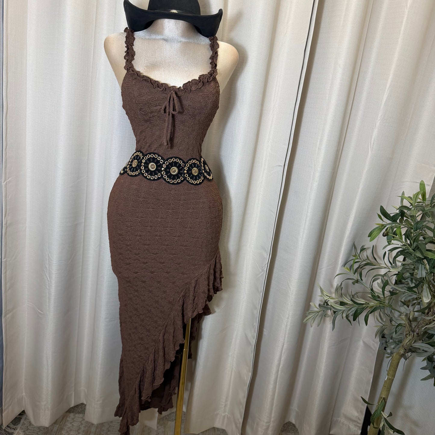 Daisy Asymmetric Skirt Midi Dress-Brown