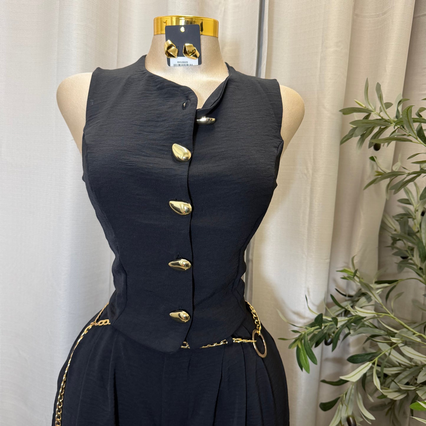Front button Down Crop Top and Chain Belt Wide leg pant set-black