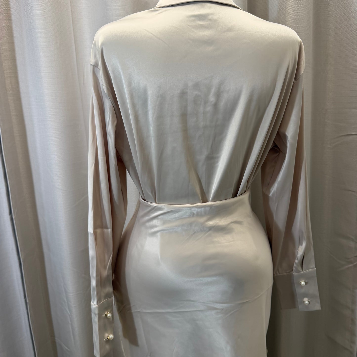 Satin Long Sleeve Top with Lace Skirt-Beige/Cream/White