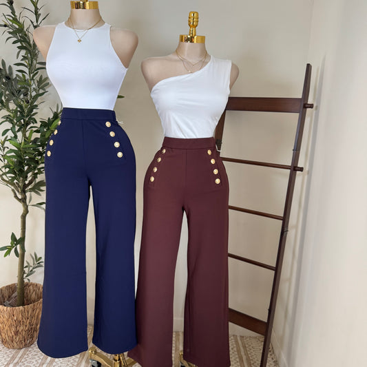 High waisted Dressy Pants with Buttons on the Side-Brown
