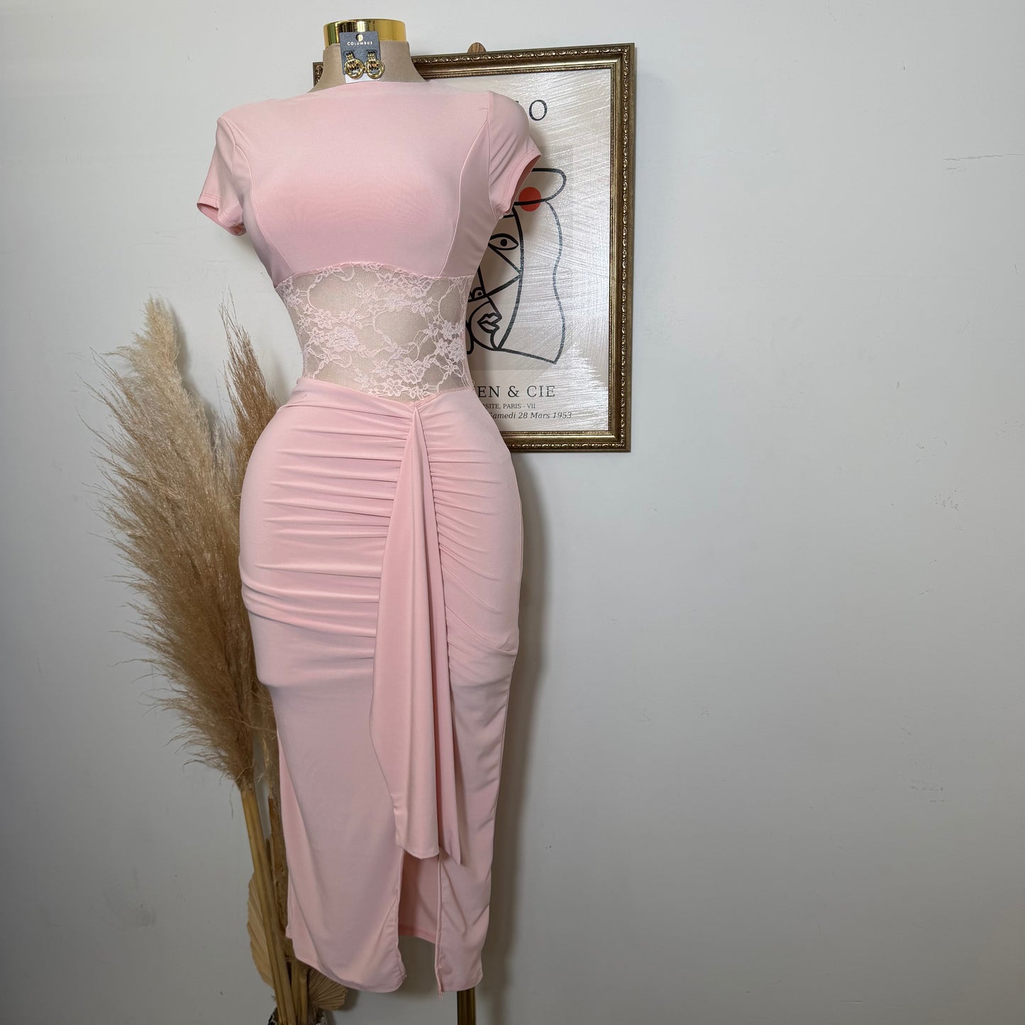 Lace Waist Contrast Midi Dress-Baby Pink