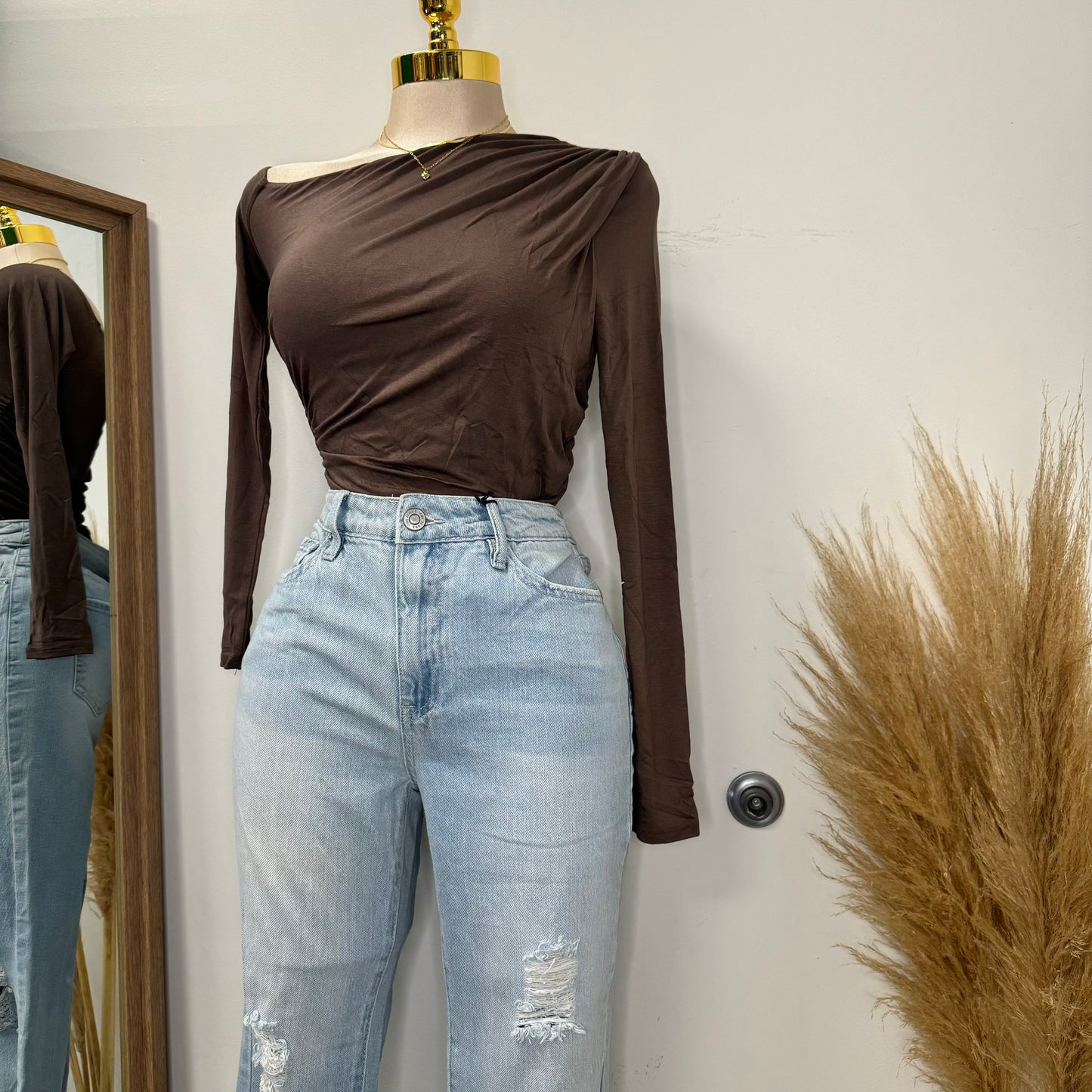 One Shoulder Long Sleeve Top-Brown