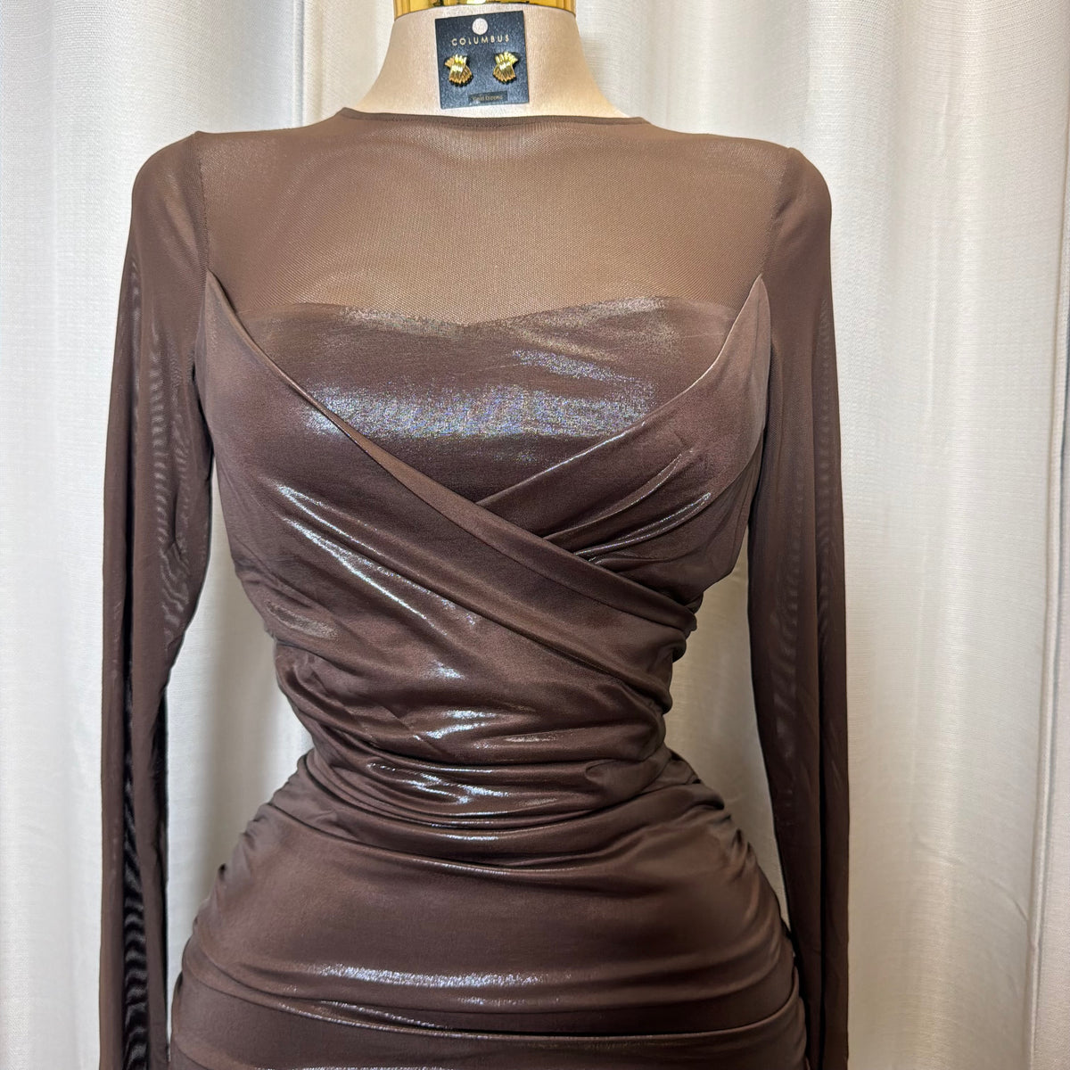 Ruched Midi Dress with sheer Mesh Sleeves-Brown